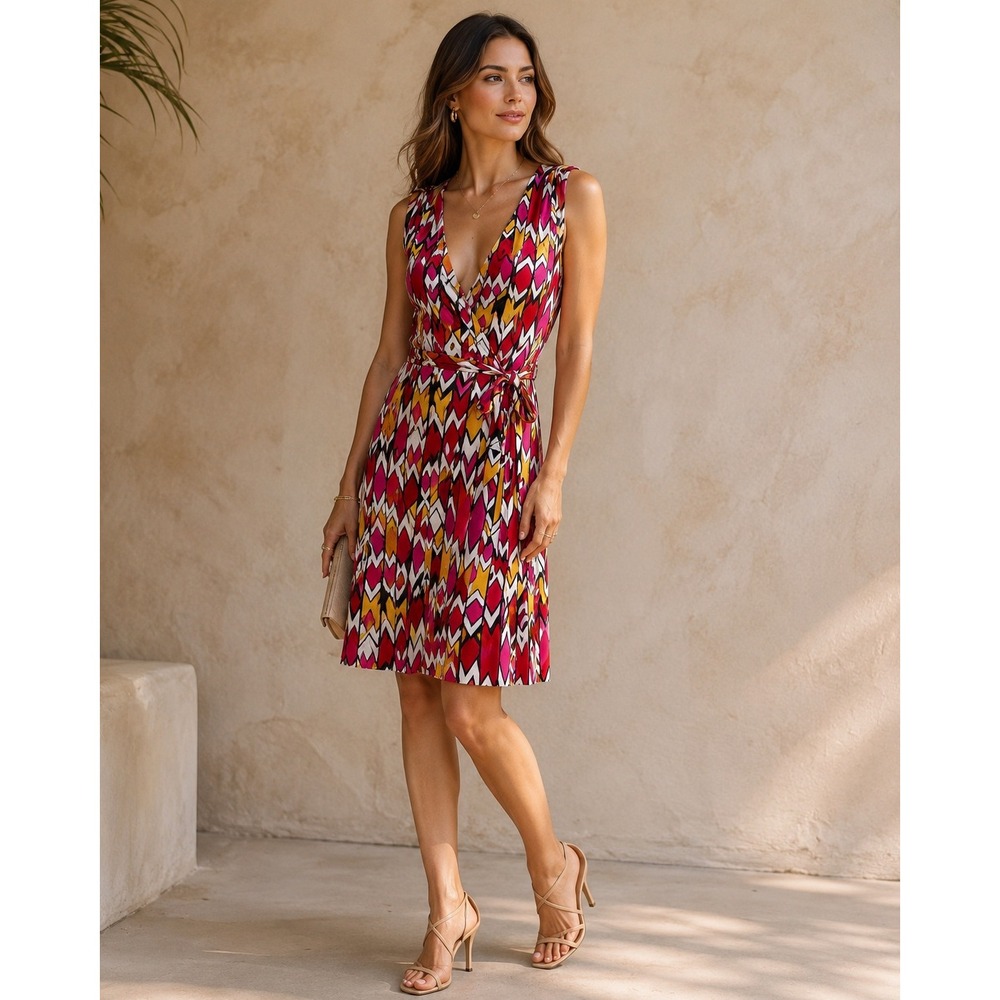 Diane von Furstenberg Silk Jersey Wrap Dress Geometric Print Size 8